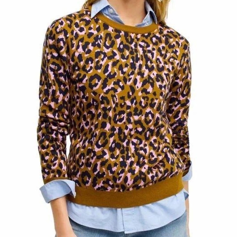 J.Crew Womens Merino Wool Pullover Crewneck Sweater Leopard Print Brown Pink Sm